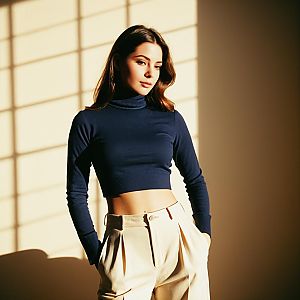Young Woman in Navy Cropped Turtleneck and Cream Trousers Posing by Window