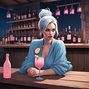 Thoughtful Woman in Blue Robe with Cocktail