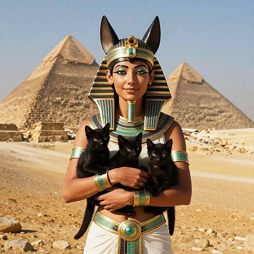Woman in Ancient Egyptian Costume Holding Black Cats in Front of Giza Pyramids