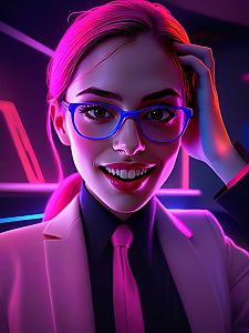 Confident Woman in Pink Blazer and Blue Glasses