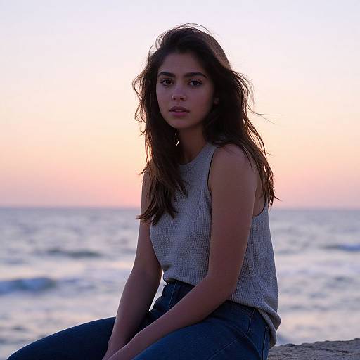 Young Woman Sitting by Ocean at Sunset in Casual Outfit