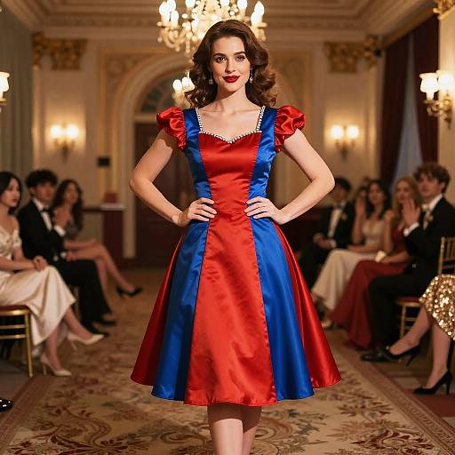 Woman in Red and Blue Satin Fancy Dress in Elegant Hall