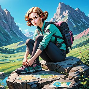 Young Woman in Teal Jacket Tying Shoelaces in Mountain Landscape