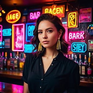 Young Woman in Neon-Lit Bar with Trendy Urban Vibe