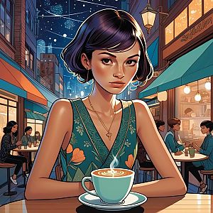 Young woman in floral dress at café with coffee