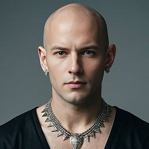 Bald man with sharp features in black top and silver necklace