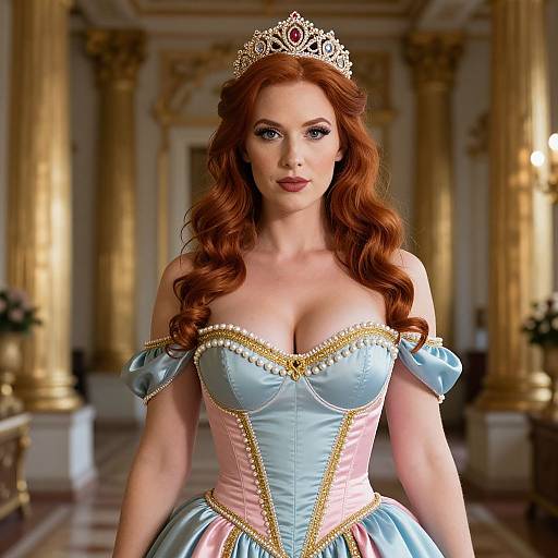 Elegant Red-Haired Princess in Pastel Blue and Pink Royal Gown