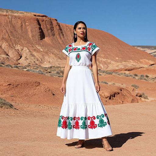 Traditional Mexican Embroidered White Dress Worn by Woman in Desert