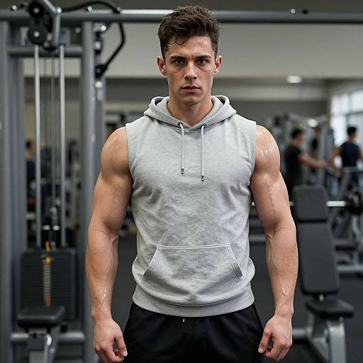Muscular Young Man in Sleeveless Hoodie at Gym