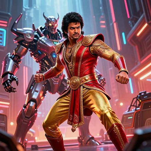 Heroic Man in Red and Gold Armor Facing Futuristic Robot in Neon Sci-Fi Setting