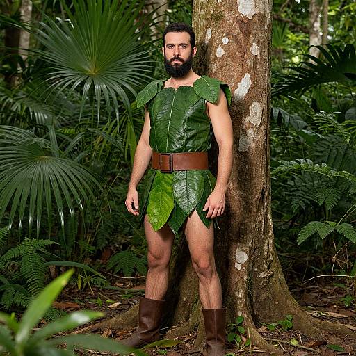 Man in Leaf Costume Standing in Jungle Forest Nature
