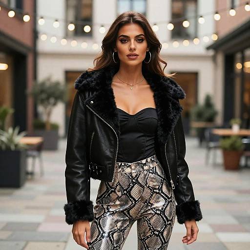 Urban Chic Woman in Black Leather Jacket with Faux Fur and Snakeskin Pants