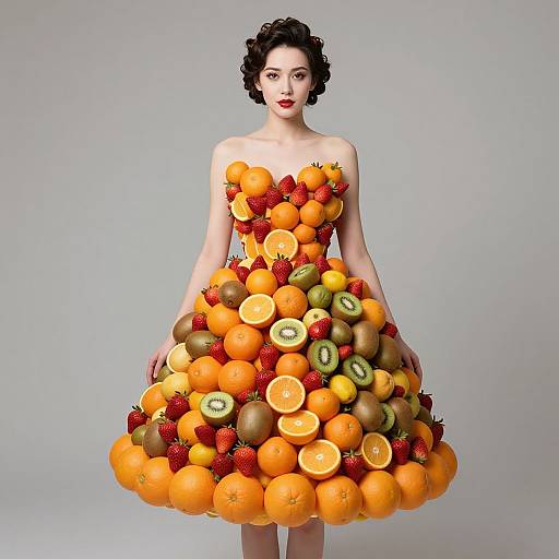 Woman Wearing Creative Dress Made of Fresh Fruits Oranges Strawberries Kiwi