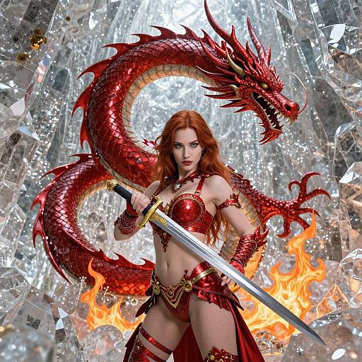 Red-Haired Woman Warrior with Sword and Fiery Red Dragon in Crystal Cave