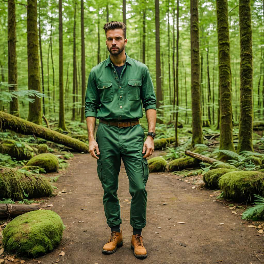 Man in Green Utility Outfit Standing on Forest Path