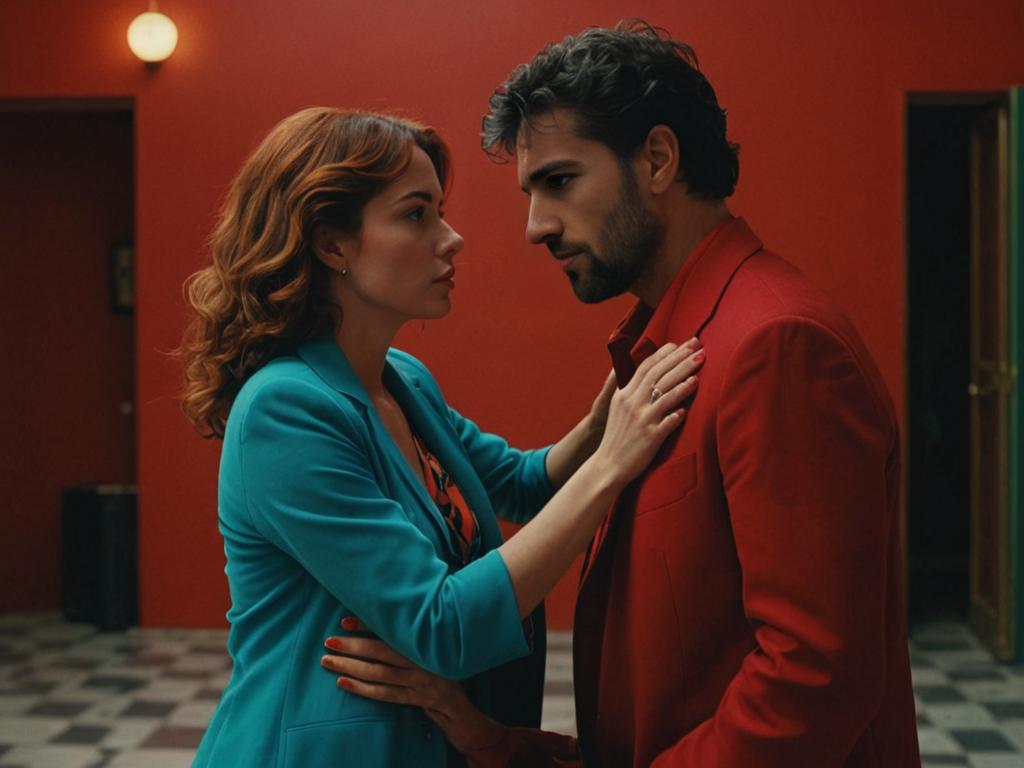 Dramatic Moment Between Man and Woman in Almodóvar Style