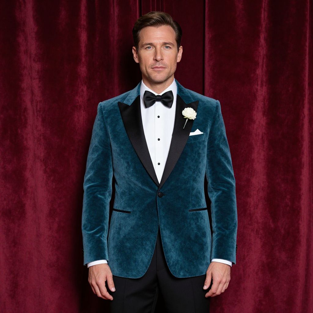 Man in Teal Velvet Tuxedo Jacket with Bow Tie and Boutonniere