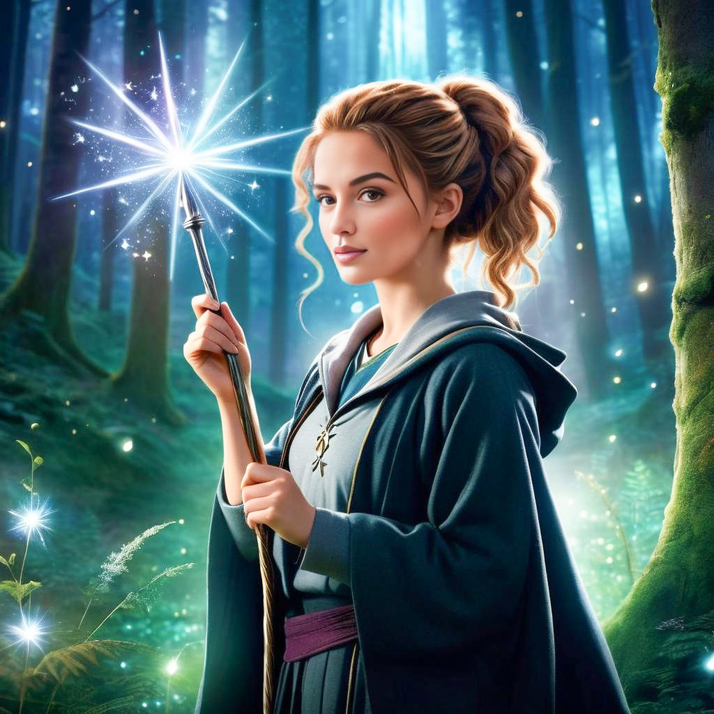 Magical Woman in Mystical Forest with Glowing Wand