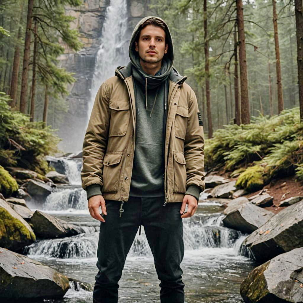 Confident man in nature with waterfall