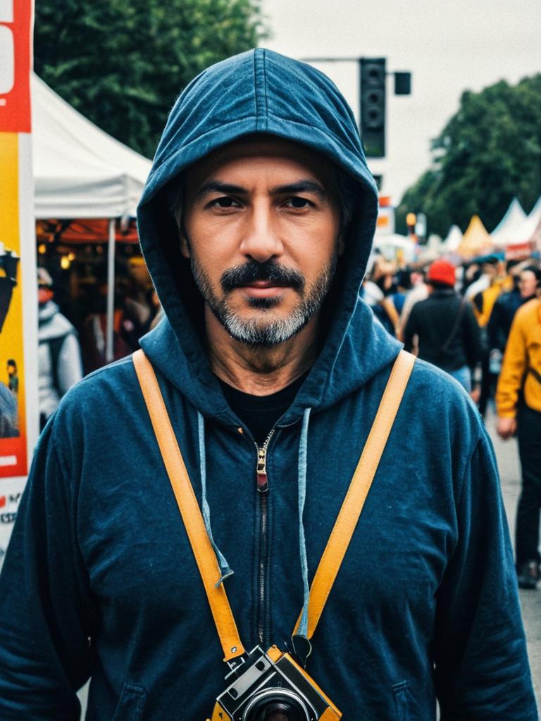 Man in Movie Poster Costume at Festival Cosplay with Vintage Camera