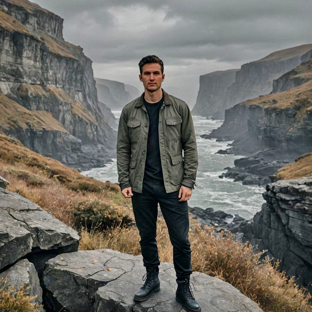 Rugged Man on Rocky Outcrop in Dramatic Landscape