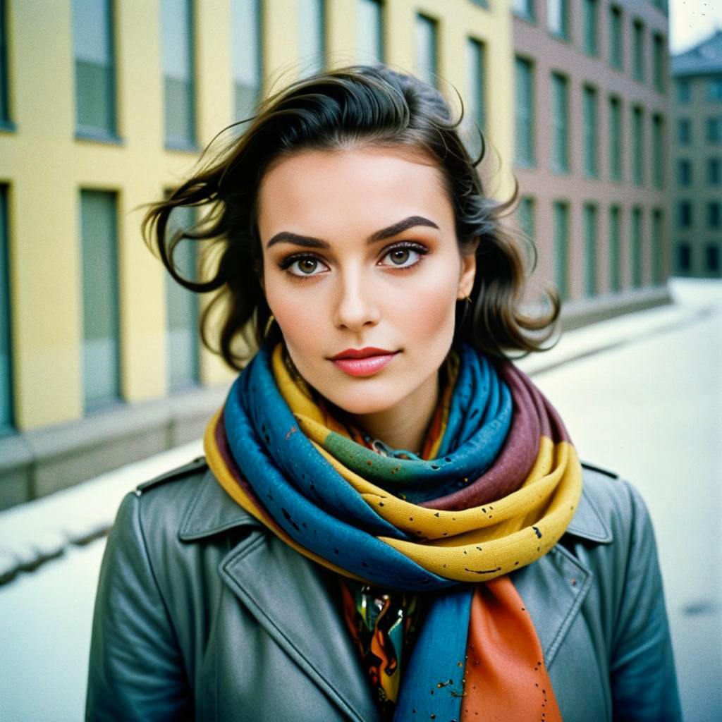 Elegant Woman with Colorful Scarf in Modern Architecture