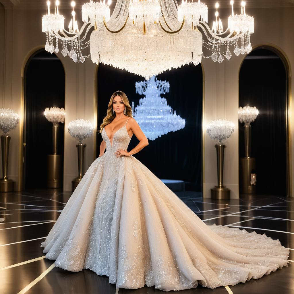 Elegant Woman in Flowing Gown Under Ballroom Chandeliers