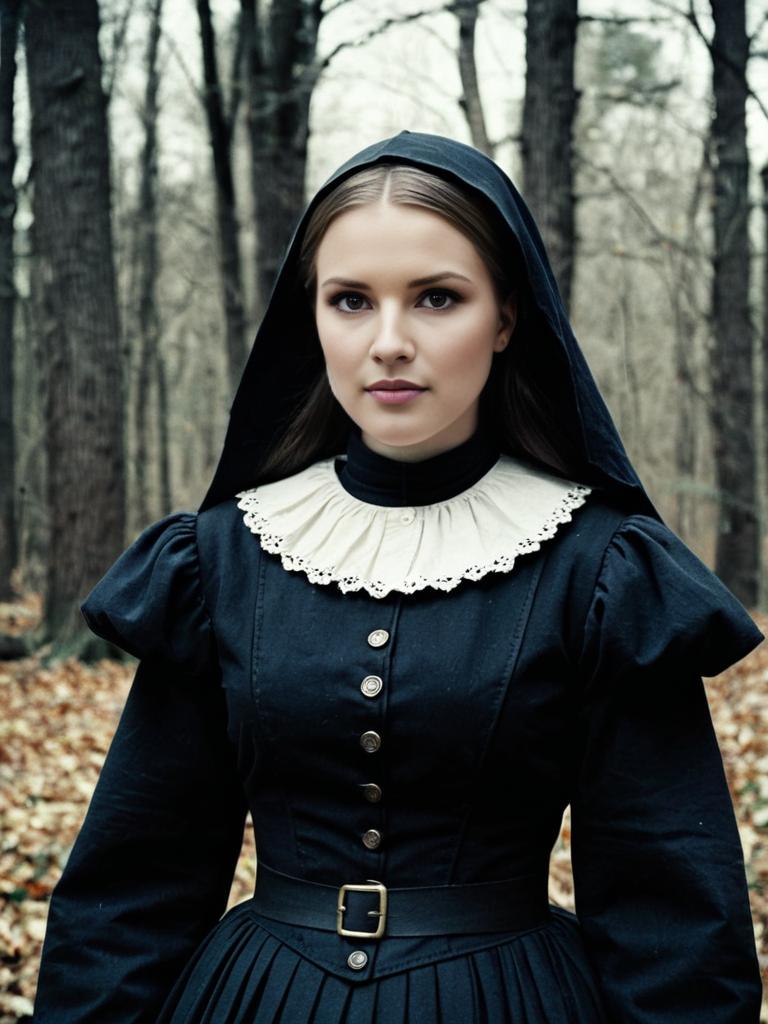 Portrait of Woman in Colonial-Style Dress in Forest Autumn Setting