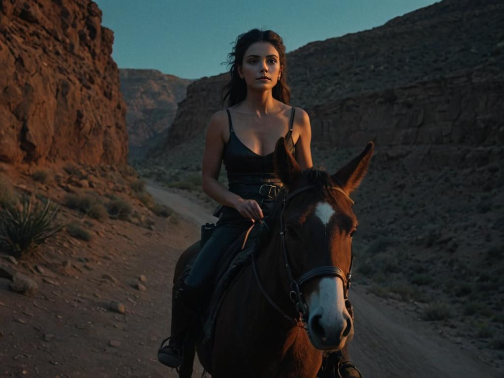 Determined Woman Riding Donkey in Rugged Ravine