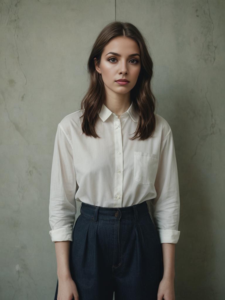 Young Woman in White Shirt and Denim Trousers