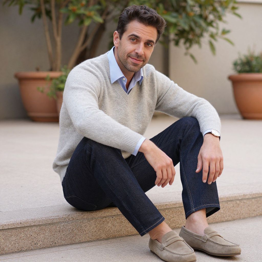 Casual Outdoor Portrait of Man in Grey Sweater and Jeans Sitting on Stone Step