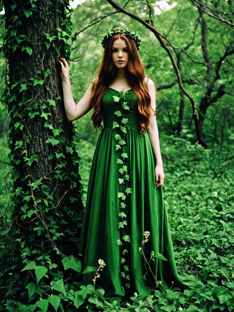Woman in Green Dress with Ivy Crown in Enchanted Forest
