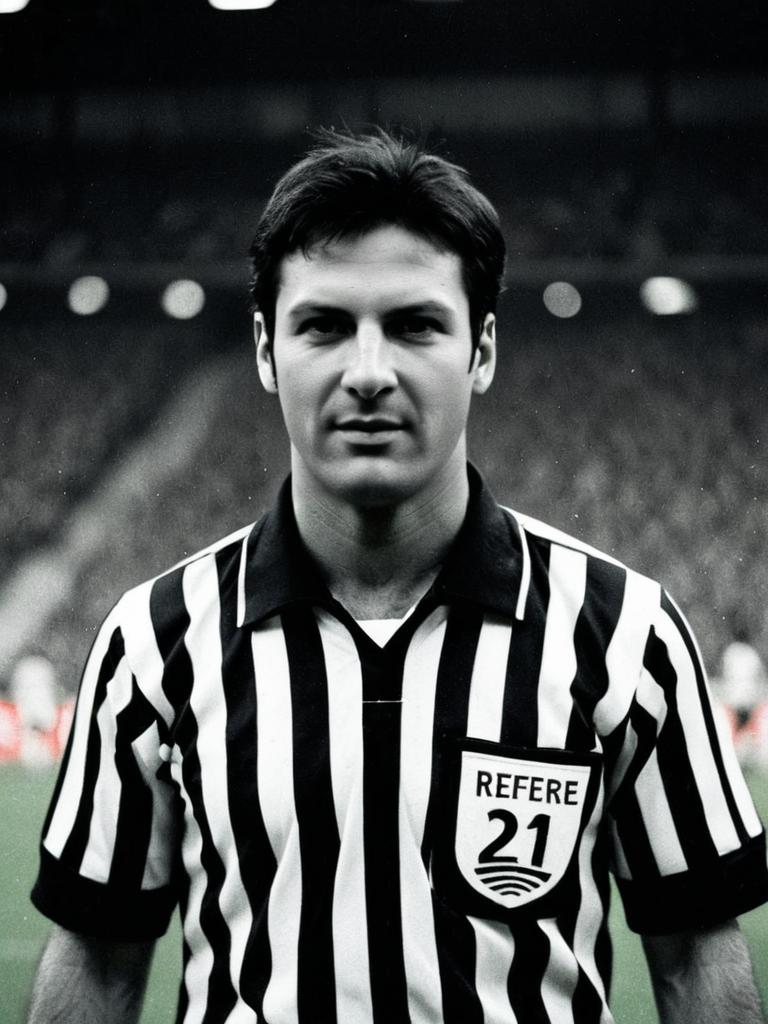 Classic Black and White Referee Portrait Wearing Refere 21 Jersey