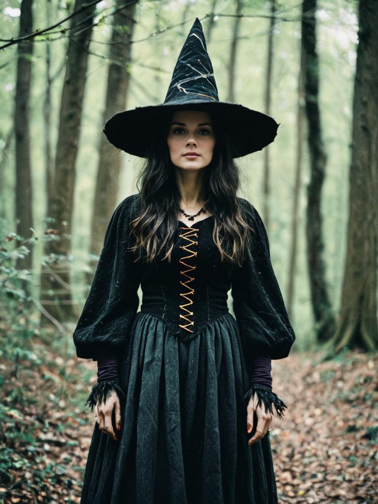 Woodland Witch Costume Woman in Black Dress and Hat in Forest