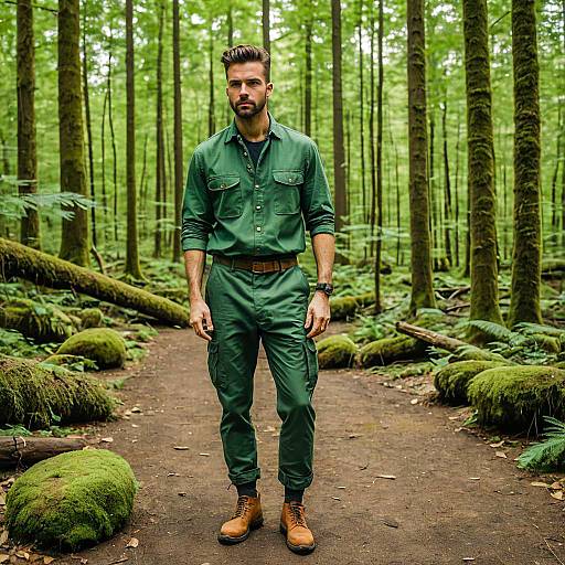 Man in Green Utility Outfit Standing on Forest Path