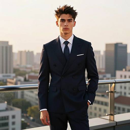 Young Gen Z Man Wearing Navy Blue Double-Breasted Suit on Rooftop
