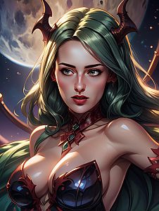 Fantasy Digital Art of Woman with Horns in Ornate Armor by Moonlight