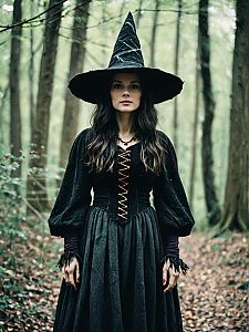 Woodland Witch Costume Woman in Black Dress and Hat in Forest