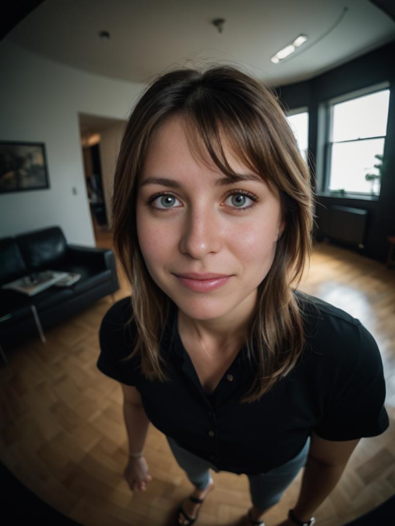 Young woman in cozy room with wooden floors