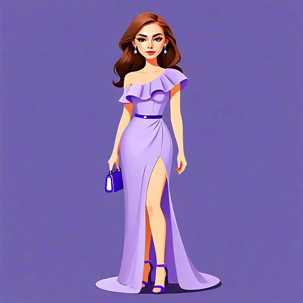 Elegant Woman in Lavender Asymmetrical Cut-Out Maxi Dress with Ruffle Detail