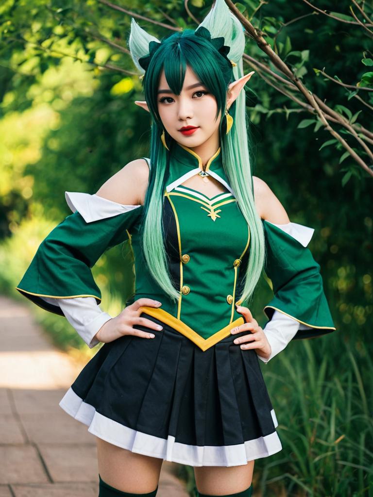 Hanabatake Chaika Elf Cosplay with Green Hair in Fantasy Costume