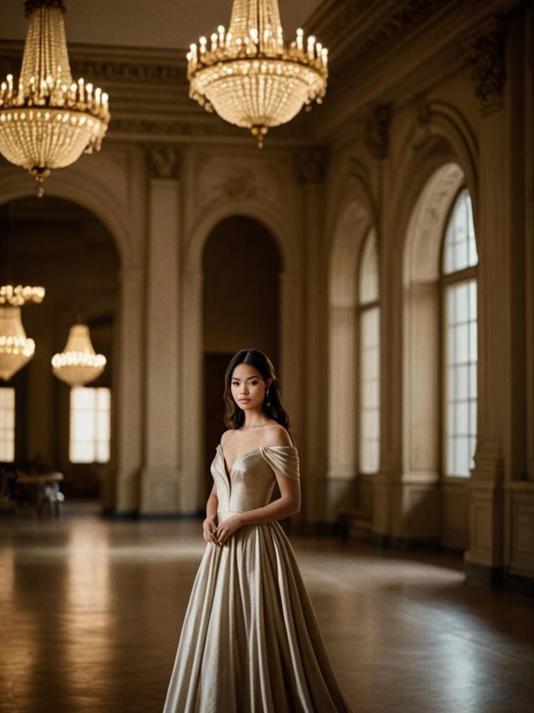 Elegant Woman in Grand Hall with Vintage Charm