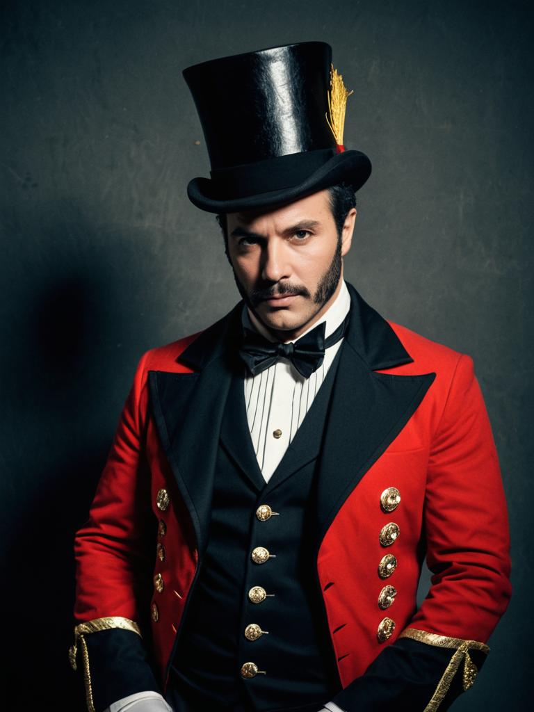 Photorealistic Portrait of Man in Vintage Ringmaster Costume with Top Hat