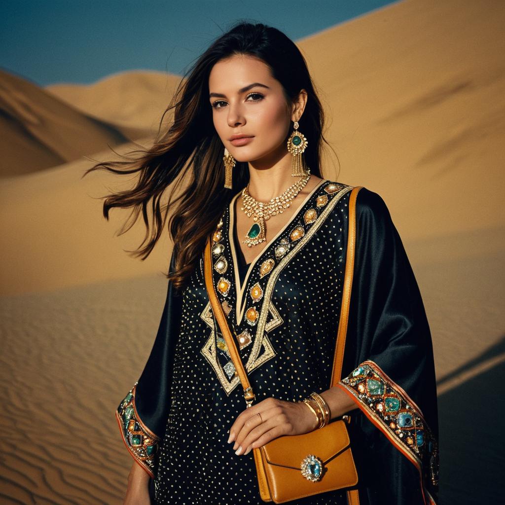 Elegant Woman in Embellished Black Kaftan with Green Gemstone Jewelry in Desert