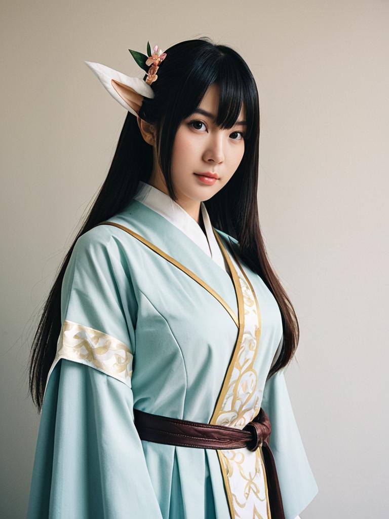 Woman in Traditional Fantasy Costume with Elf Ears and Floral Hair Accessories