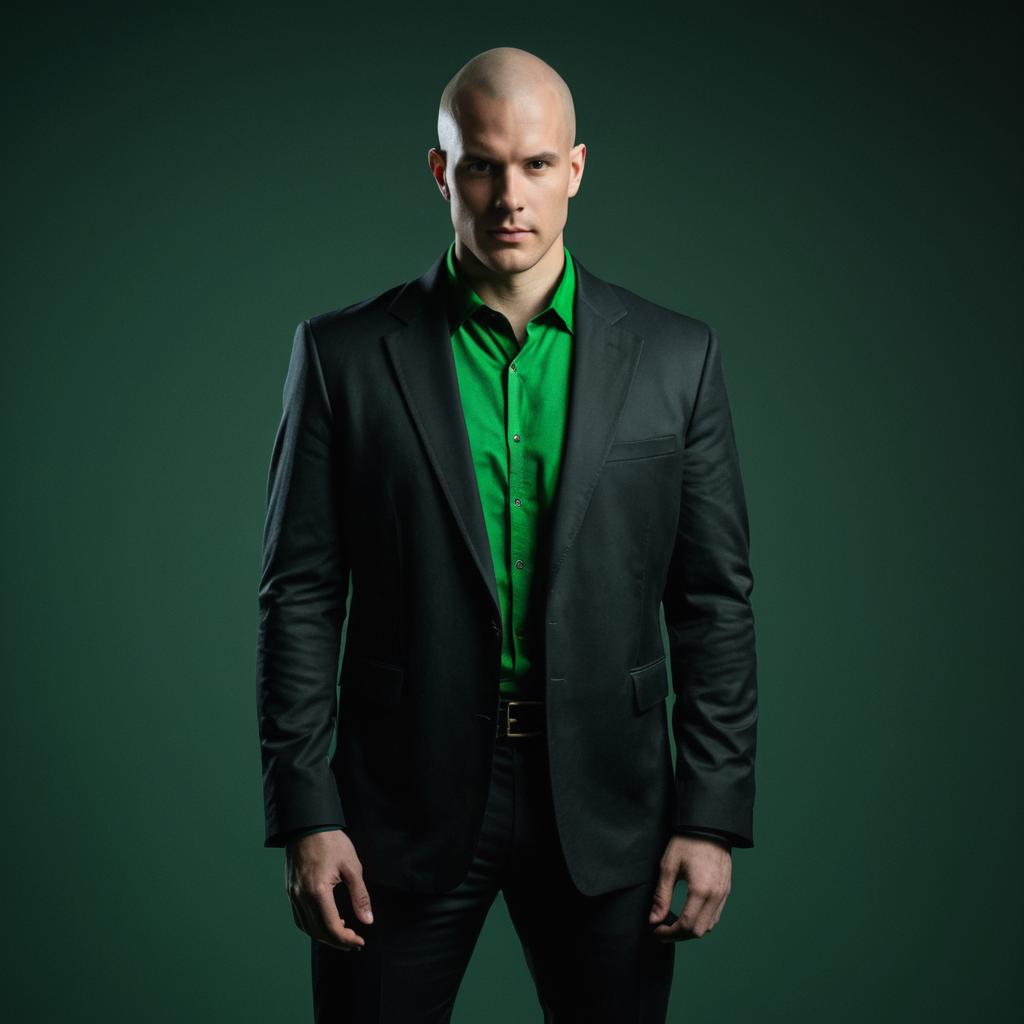 Confident Bald Man in Black Suit and Green Shirt Portrait