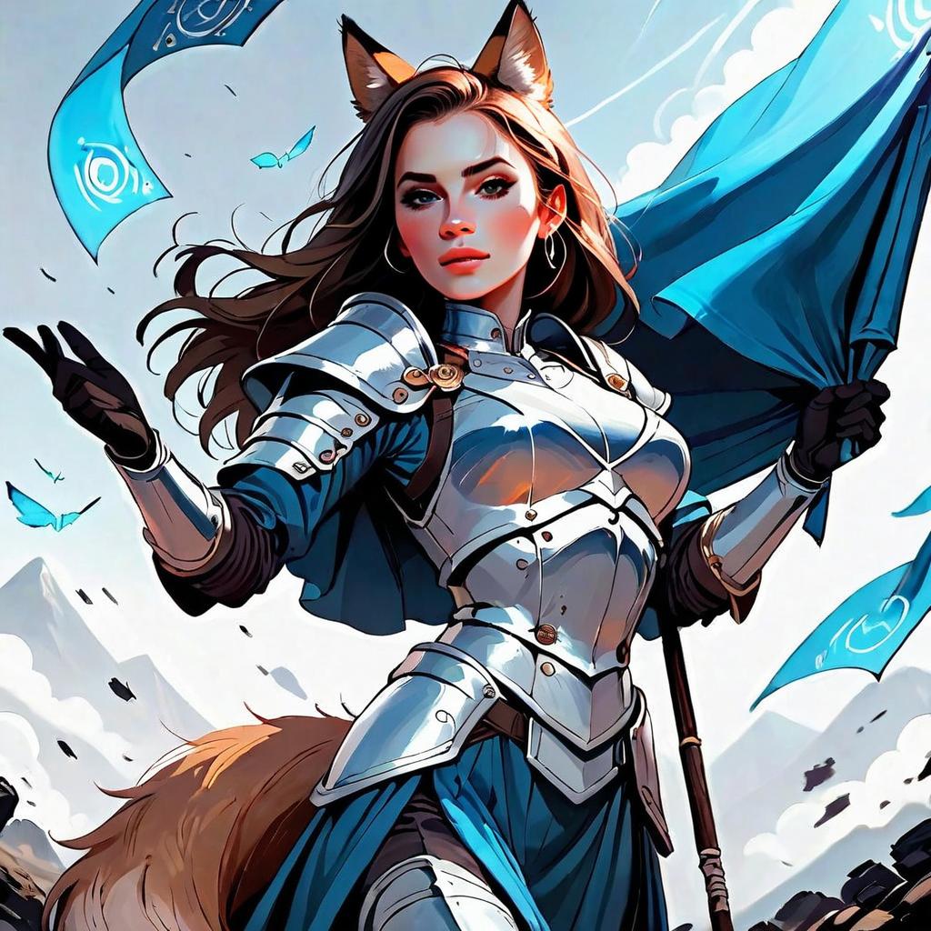 Female Fox-Eared Warrior in Medieval Armor Holding Blue Banners Fantasy Art