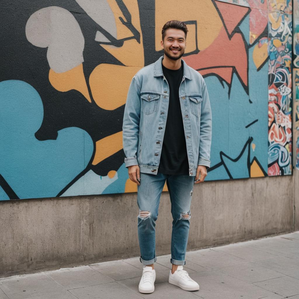 Stylish Man in Front of Colorful Graffiti Wall