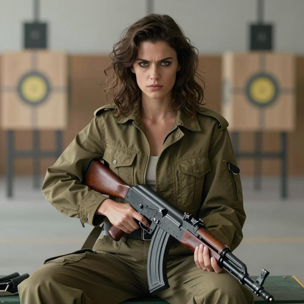 Gen Z Woman in Military Outfit Holding Rifle at Shooting Range