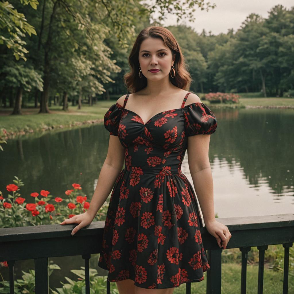 Elegant Woman in Floral Dress by Tranquil Pond